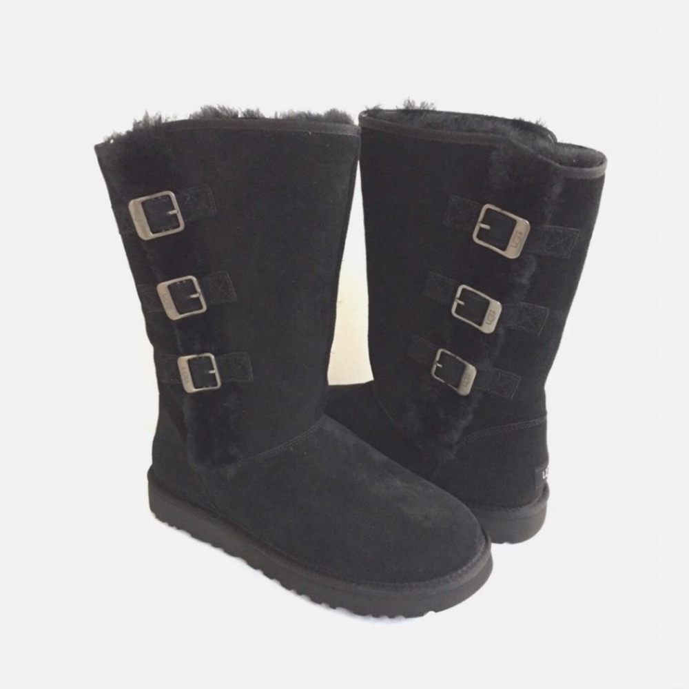 UGG Australia Tall Triple Buckle Black Suede Sheepskin Boots 1111452 Womens 10